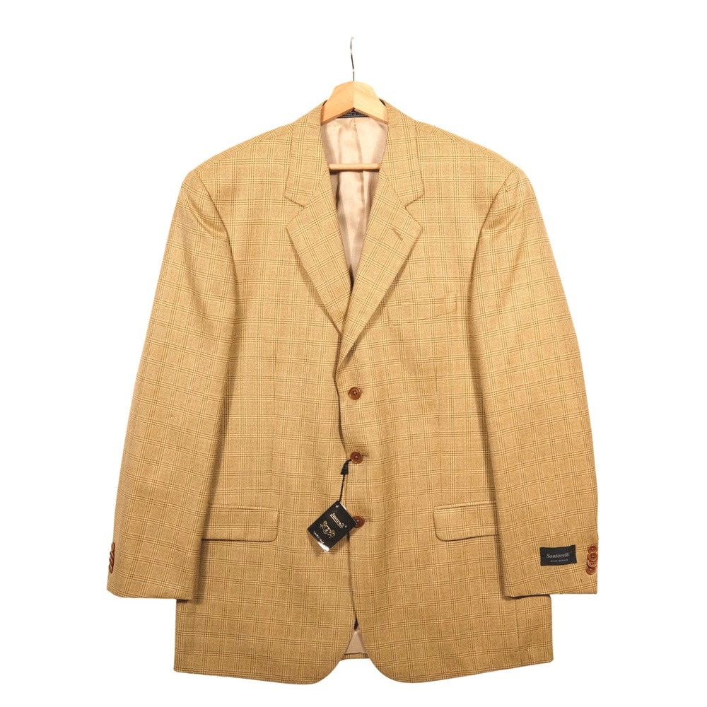 VTG Santorelli Italy Plaid Wool Blazer 44L Tan Check‎ Sport Coat Heritage
